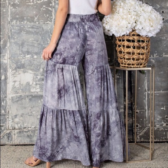 Eesome Smoky Purple Gray High Waist Tiered Flared Tie Dye Wide Leg Palazzo Pants - Picture 13 of 15